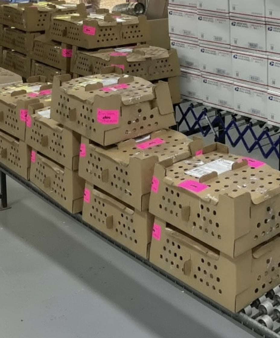 Stacks of boxes on a cart in a warehouse setting
